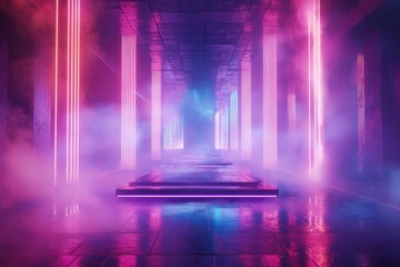 Neon Glow Stage With Platforms And Smoke In Empty Room