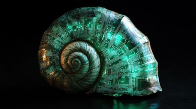 Blue-green shell with luminous abstract patterns