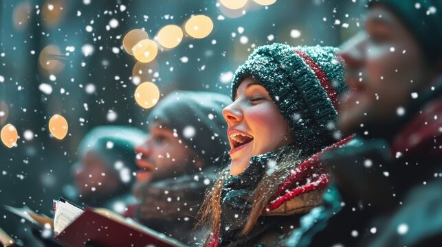 Joyful singers performing Christmas carols in a snowy evening, surrounded by festive lights. Winter celebration and holiday spirit in the air.