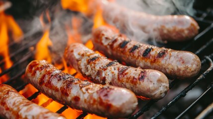 Fototapeta premium Grilled Sausages on a Barbecue with Flames