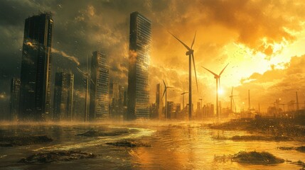 A flooded cityscape with tall buildings and wind turbines.