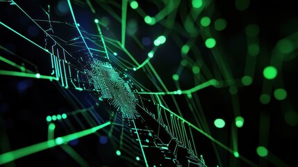 Obraz premium Futuristic green data web glowing with digital paths.