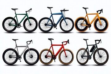 Set of retro bicycles, each drawn with unique frames and wheels from different eras