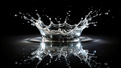A splash of water forms a crown-like shape as it hits a reflective surface, creating the illusion of perfect symmetry. The drops are scattered outwards, reinforced by a dark background. AI generated.