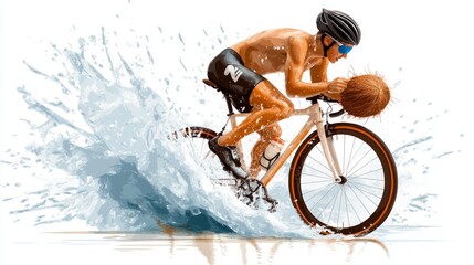 Naklejka premium A cyclist splashes through water while balancing a coconut, showcasing dynamic movement.