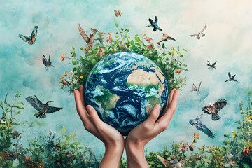 Hands holding Earth surrounded by nature, birds, and greenery, symbolizing conservation, environment, sustainability, and harmony, perfect for themes of Earth care and global unity
