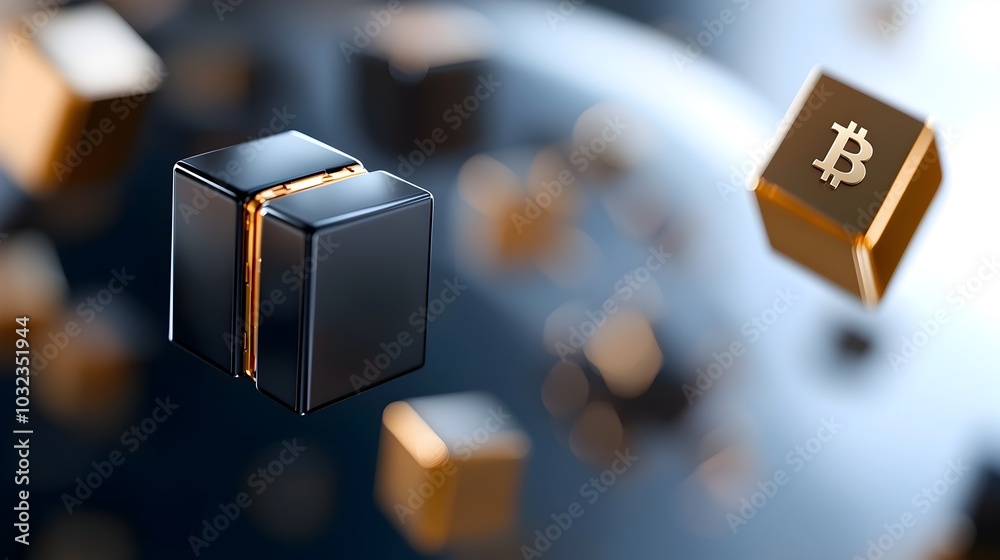 Aufkleber Stylized world globe composed of blockchain cubes and hexagons with digital currencies and cryptographic codes flowing through the interconnected network  Clean modern