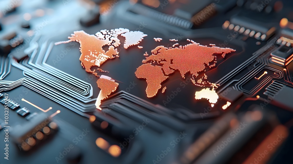 Aufkleber Futuristic interconnected digital circuits and microchips forming a vibrant minimalist global communication network and data visualization  Neon styled abstract technology and intelligence background