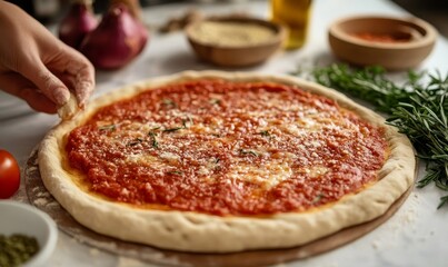 Raw dough for pizza preparation placing ingredients on pizza base spreading rich tomato sauce evenly over the stretched pizza dough, Generative AI