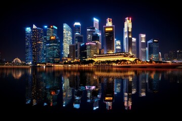 Obraz premium Singapore's Marina Bay Sands hotel glowing at night, reflected in the calm bay waters