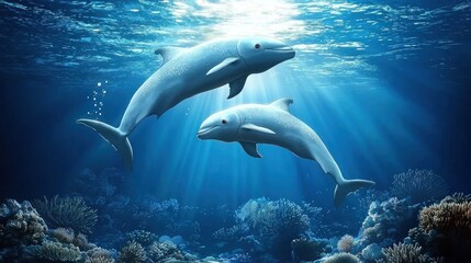 Obraz premium Exploring the graceful world of dolphins a deep dive into their aquatic life and bonding behaviors beneath the waves of the ocean