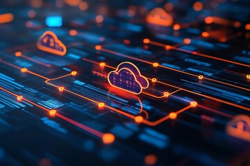 Abstract digital background with glowing cloud icons and connected lines, representing data storage and networking.