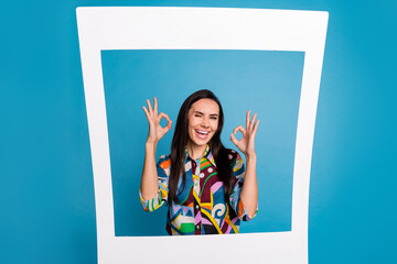 Photo of cheerful nice woman wear print shirt showing okey good job winking eye from photo frame...