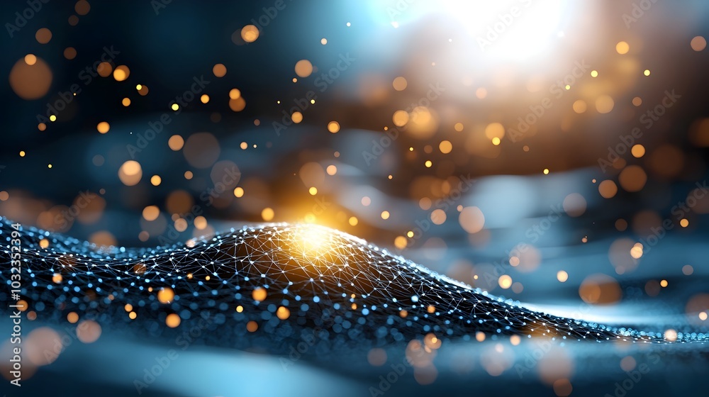Poster Seamlessly Integrated Technology and Finance in a Futuristic Digital Landscape with Glowing Holographic Interfaces Floating Polygonal Structures