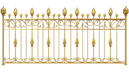 A decorative golden wrought iron fence with ornate designs and pointed finials, showcasing elegance and grandeur.