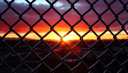 A vibrant sunset is framed by a chain-link fence, creating a striking contrast between nature and urban elements.