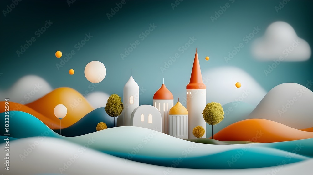Poster futuristic architectural landscape of a smart city featuring abstract dot connections gradient lines