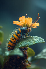Obraz premium A caterpillar trying to ascend a tall tree while carrying a seed, symbolizing the journey of growth under pressure,