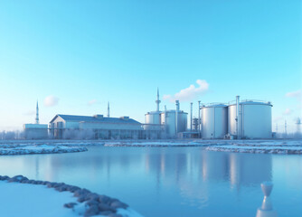 Biogas plant standing near frozen lake in winter