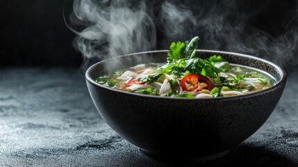 Steaming bowl of pho with rising smoke, set against a dark stone background, perfect for a hot Vietnamese food concept.