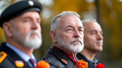 A solemn remembrance ceremony where veterans stand together in a moment of silence honoring the sacrifice and service of those who have defended the nation