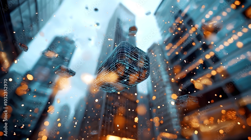 Poster Sprawling futuristic cityscape with interlocking structures holographic displays and glowing wire frames in a high tech minimalist aesthetic