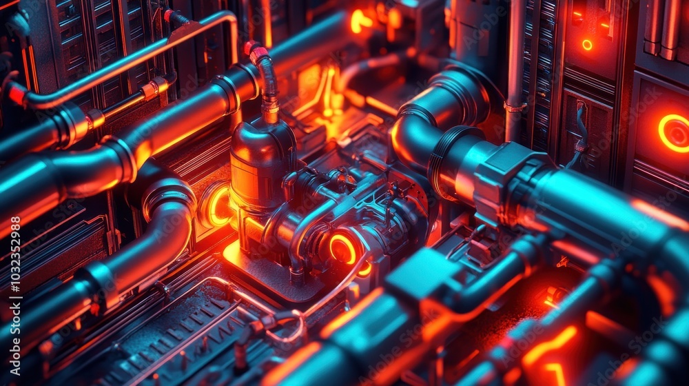 Poster close-up of a metallic engine with glowing red details