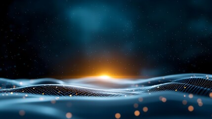 Futuristic urban landscape with interconnected dots gradient lines and flowing wave patterns representing advanced technology digital moody atmosphere and retrofuturistic environment