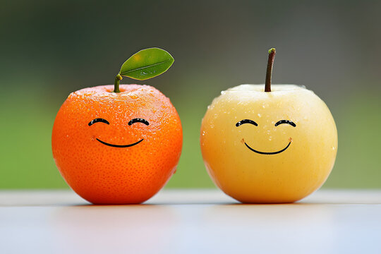 Two smiling fruits, orange and apple, with hand-drawn happy faces, symbolizing joy, positivity, and emotional wellness, perfect for themes around health, food, and happiness