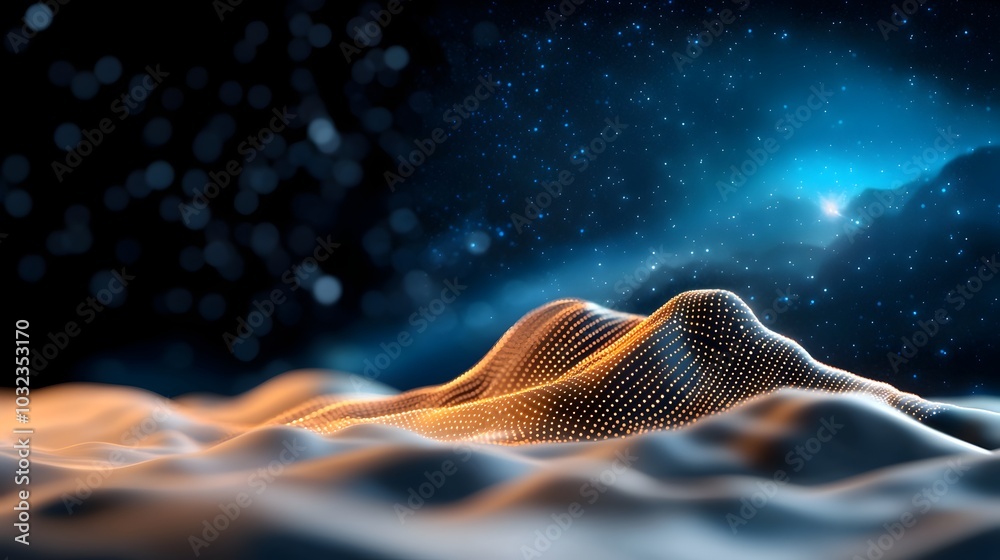Aufkleber Innovative city skyline featuring abstract dot networks gradient line intersections and aesthetic wave line designs symbolizing data connectivity futuristic metropolis luminescent data streams