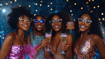 Joyful friends celebrating with drinks at a vibrant party background.