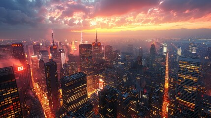 Obraz premium An aerial view of a city skyline at sunset, with skyscrapers and streetlights glowing in the twilight.