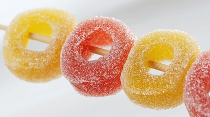 Close-Up of Colorful Sugar-Covered Gummy Rings on a Skewer