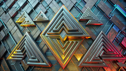 Geometric patterns composed of metallic triangular shapes are arranged on a textured background. The use of light and shadow enhances the depth and dimension, creating a visually striking effect. AI 