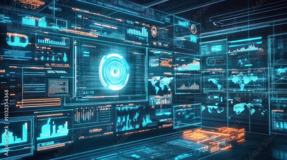 Leinwandbilder Futuristic Digital Interface with Holographic Displays and Data Visualizations