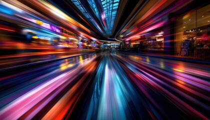 Obraz premium A vibrant, abstract depiction of a bustling urban environment, showcasing colorful lights and dynamic motion.