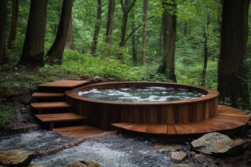 Fototapeta premium Wooden Hot Tub in Forest with Creek