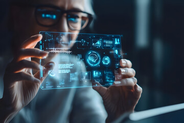 Woman analyzing futuristic digital data on a holographic screen, artificial intelligence, technology innovation, modern interface, smart tech, virtual data visualization concept.