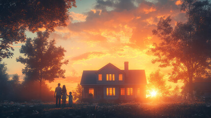 A family explores a suburban house for rent, as the realtor explains the neighborhood benefits and nearby schools,