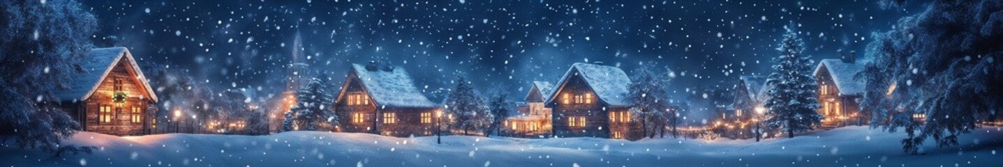 Fototapeta premium Winter night in the village with snow-covered houses and glowing lights