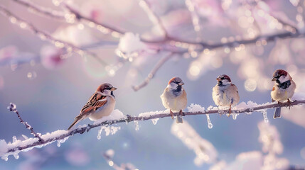 Four Sparrows Perched on a Snow-Covered Branch in a Frosty Winter Scene with Soft Pastel Lighting