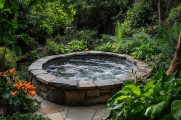 Fototapeta premium Stone Hot Tub Surrounded by Lush Greenery