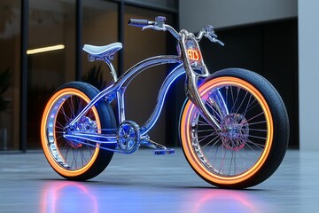 Vintage-style bicycle with futuristic neon wheels, glowing faintly