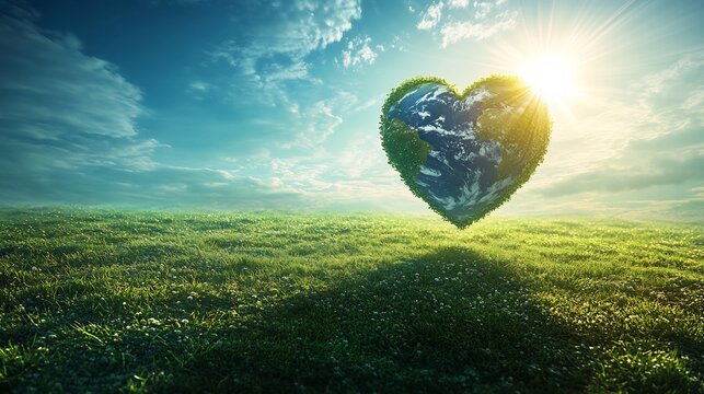 Earth Day scene a heartshaped planet floating above a green meadow blue oceans and green continents visible Rays of sunlight shine down representing hope and environmental preservation