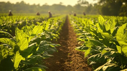 Rows of tobacco plants in a field.