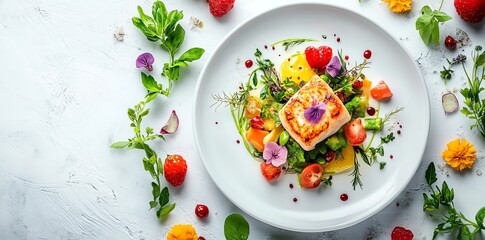 Grilled fish fillet with fresh vegetables and edible flowers on a white plate.