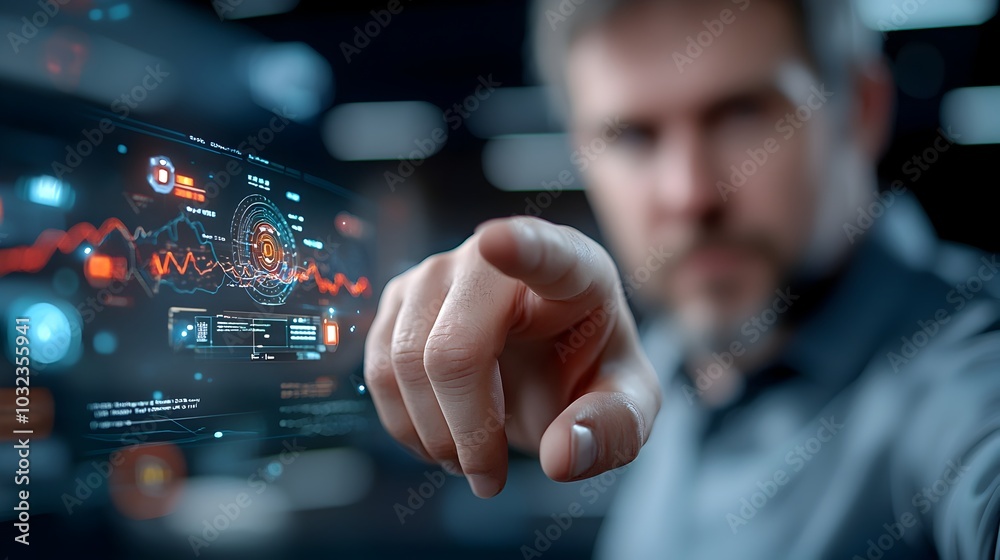 Poster holographic display of a bustling exchange trading environment within a high tech financial business