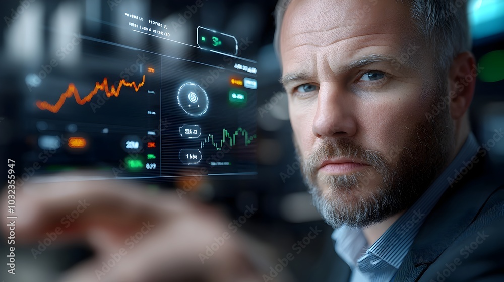 Poster futuristic holographic visualization of a bustling trading floor within a high tech financial instit