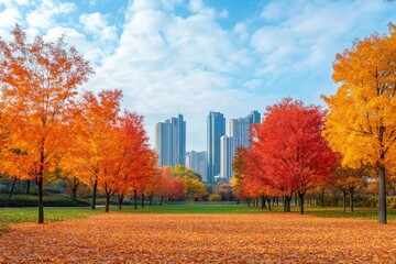 Autumn Foliage in City Park with Skyscrapers in Background