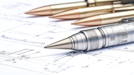 Bullet Casing Pen on Technical Drawings